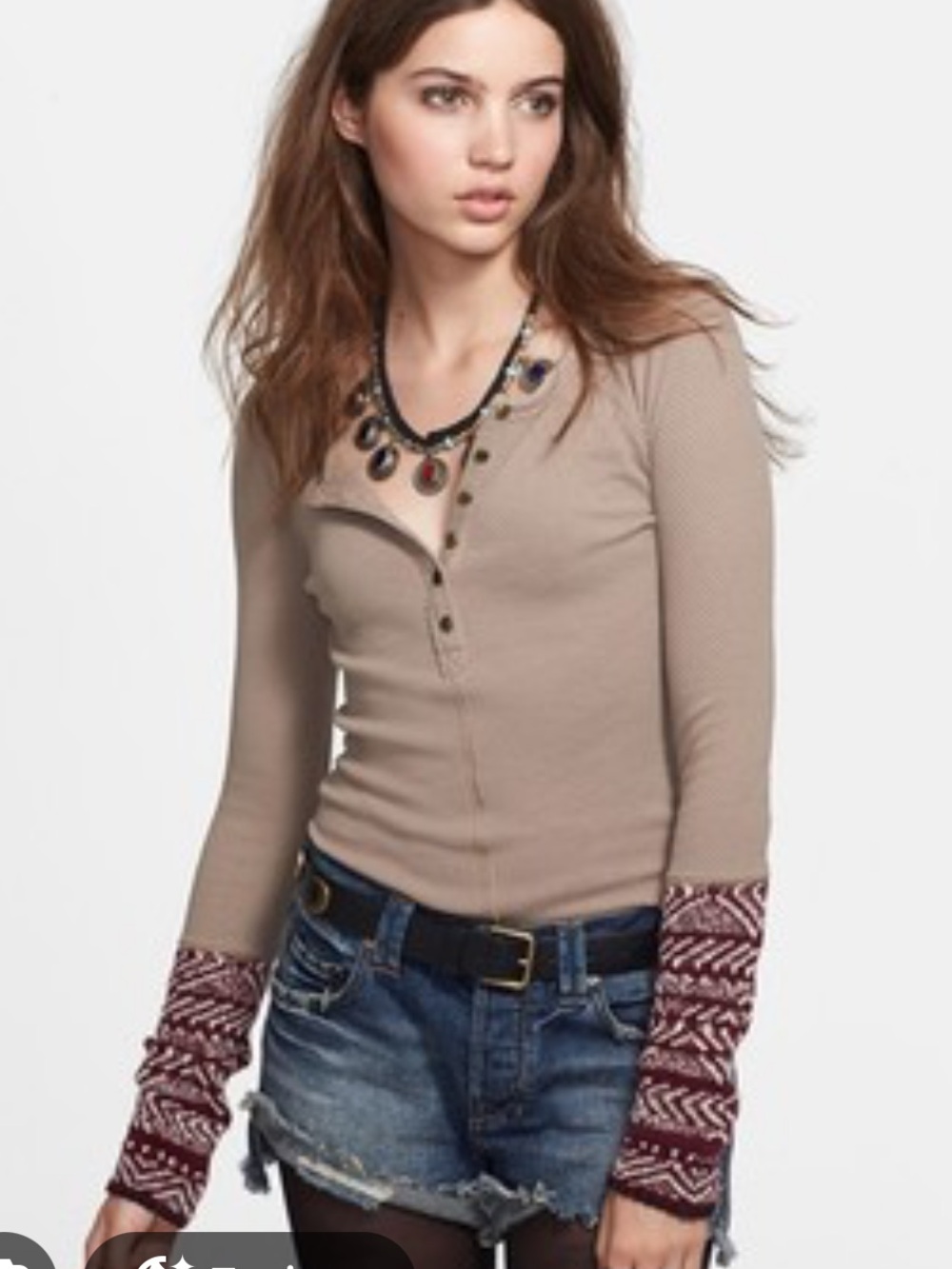 Free People Alpine Cuff Thermal Top with Burgundy Patterned Cuffs XS